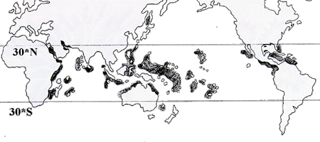 Mapa świata z zaznaczonymi rafami koralowymi